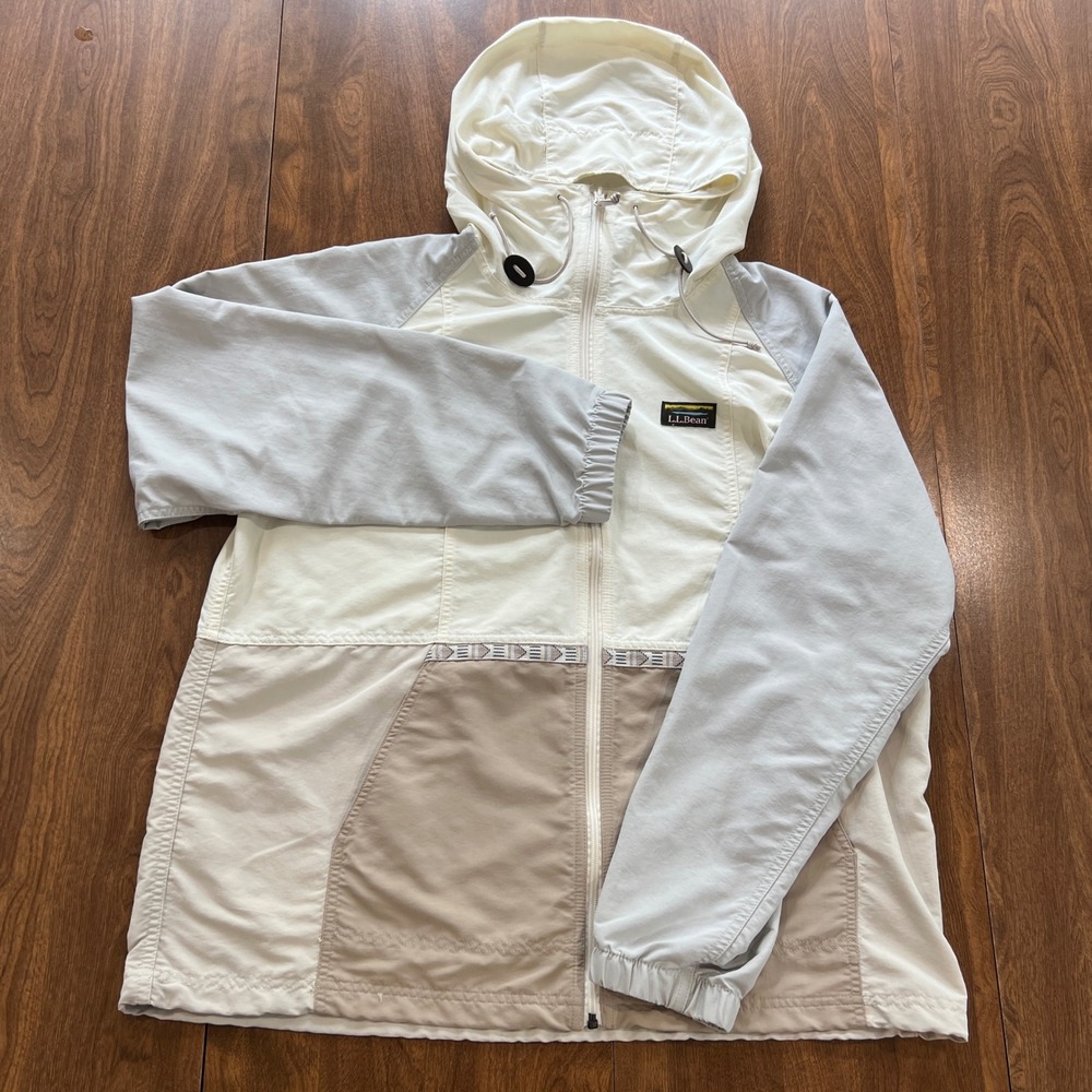 LL Bean Mountain Classic Full-Zip Anorak Jacket Colorblock XL Cream Grey Tan